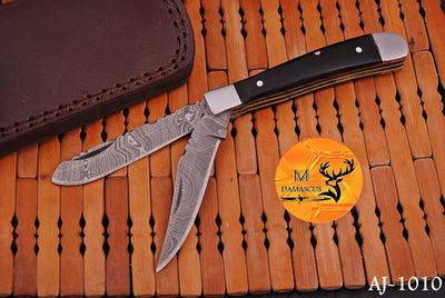 CUSTOM MADE TRAPPER KNIFE / HAND FORGED DAMASCUS STEEL FOLDING BLADE KNIFE / BULL HORN HANDLE 1010
