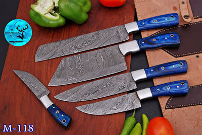 CUSTOM MADE CHEF KNIFE SET HAND FORGED DAMASCUS STEEL KITCHEN KNIVES SET WITH WOOD HANDLE M-118