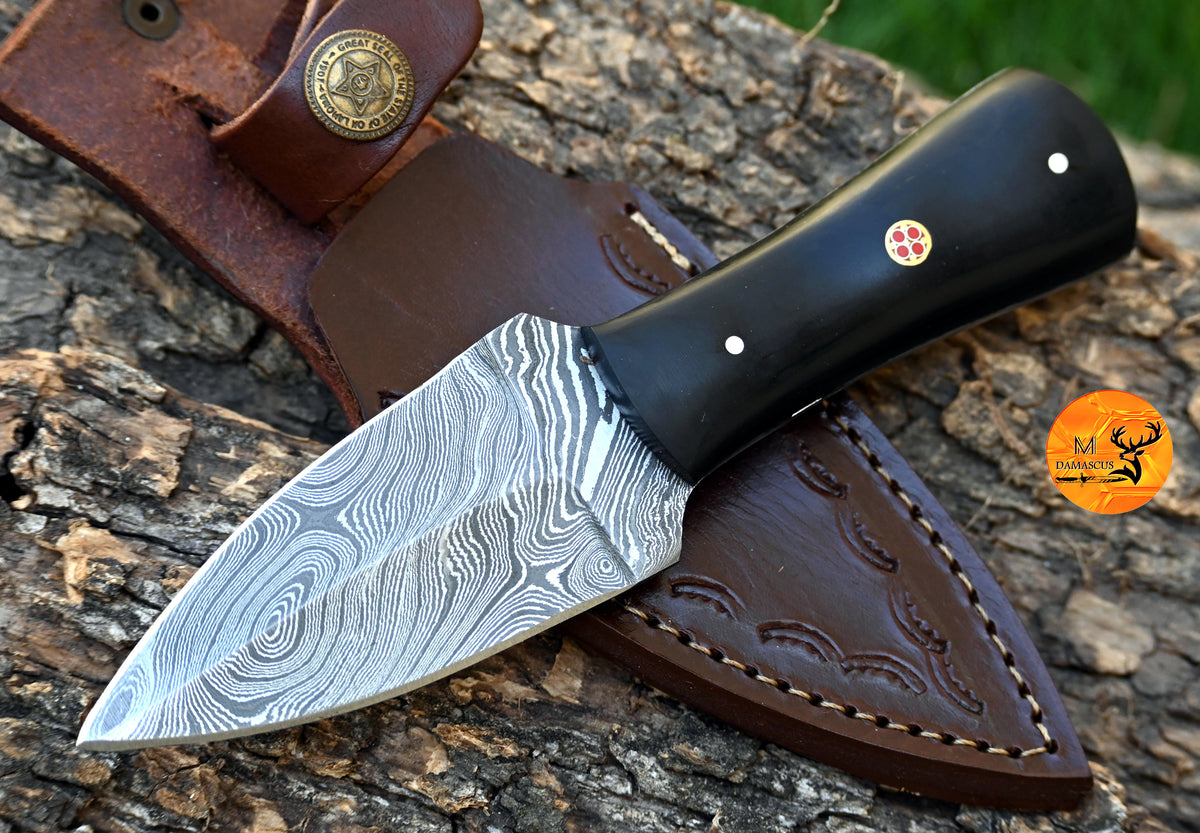 CUSTOM HANDMADE FORGED DAMASCUS STEEL BOOT KNIFE THROWING HUNTING KNIFE EDC BULL HORN HANDLE 870