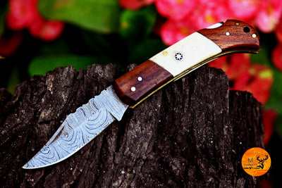 CUSTOM MADE POCKET KNIFE / HAND FORGED DAMASCUS STEEL FOLDING BLADE KNIFE / WOOD HANDLE
