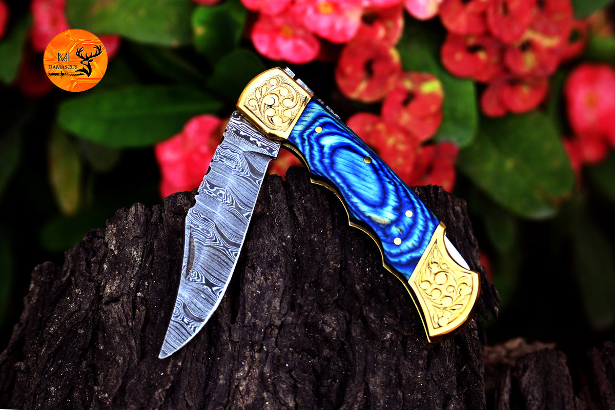 CUSTOM MADE POCKET KNIFE HAND FORGED DAMASCUS STEEL FOLDING BLADE KNIFE