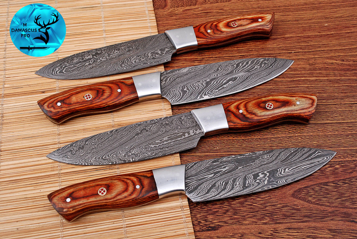 CUSTOM HANDMADE FORGED DAMASCUS STEEL STEAK KNIFE SET CHEF KNIFE SET KITCHEN KNIVES SET WITH WOOD HANDLE 1395