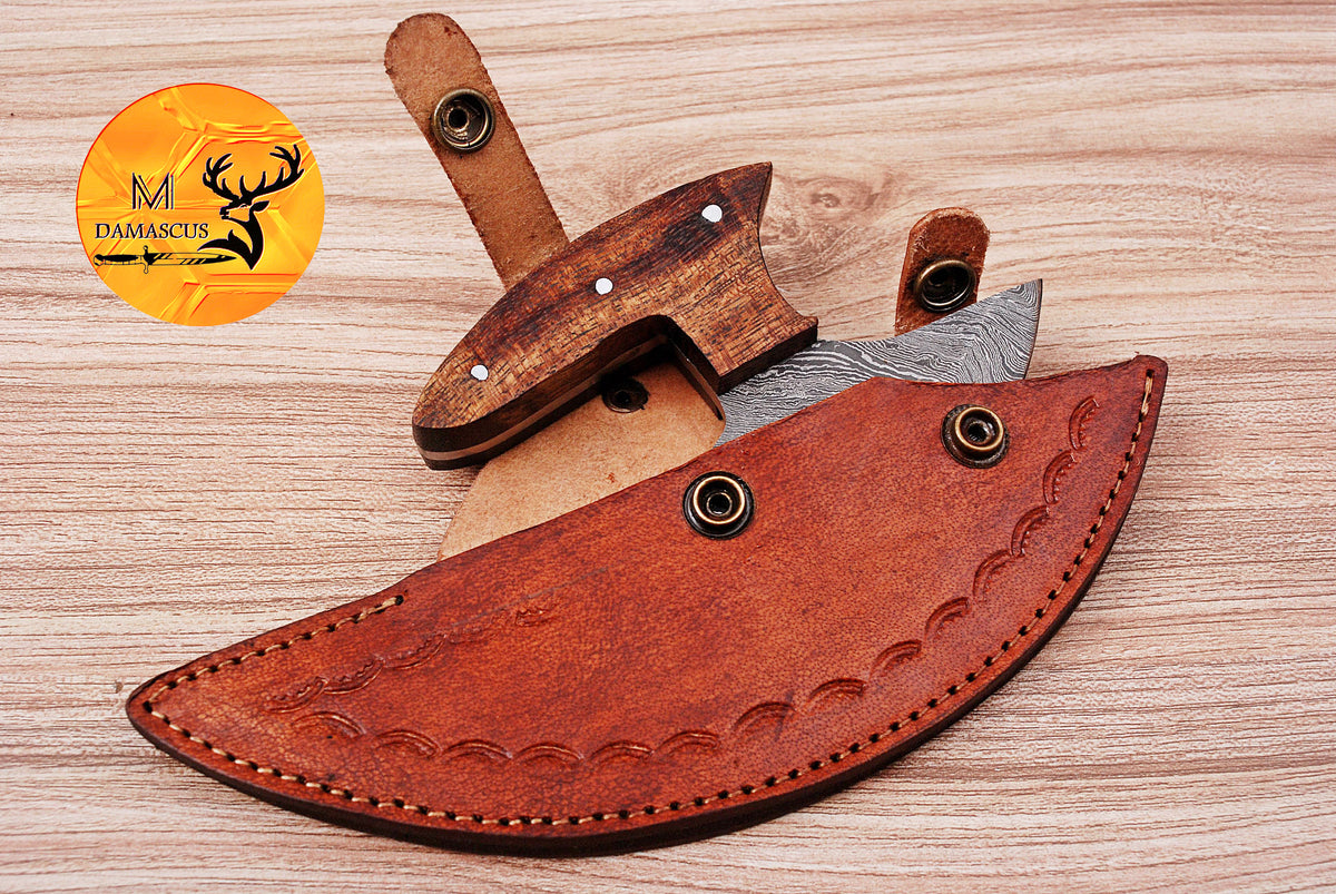 Ulu Knife Custom Made Hand Forged Damascus Steel Chef Kitchen Knife Pizza Cutter With Wood Handle