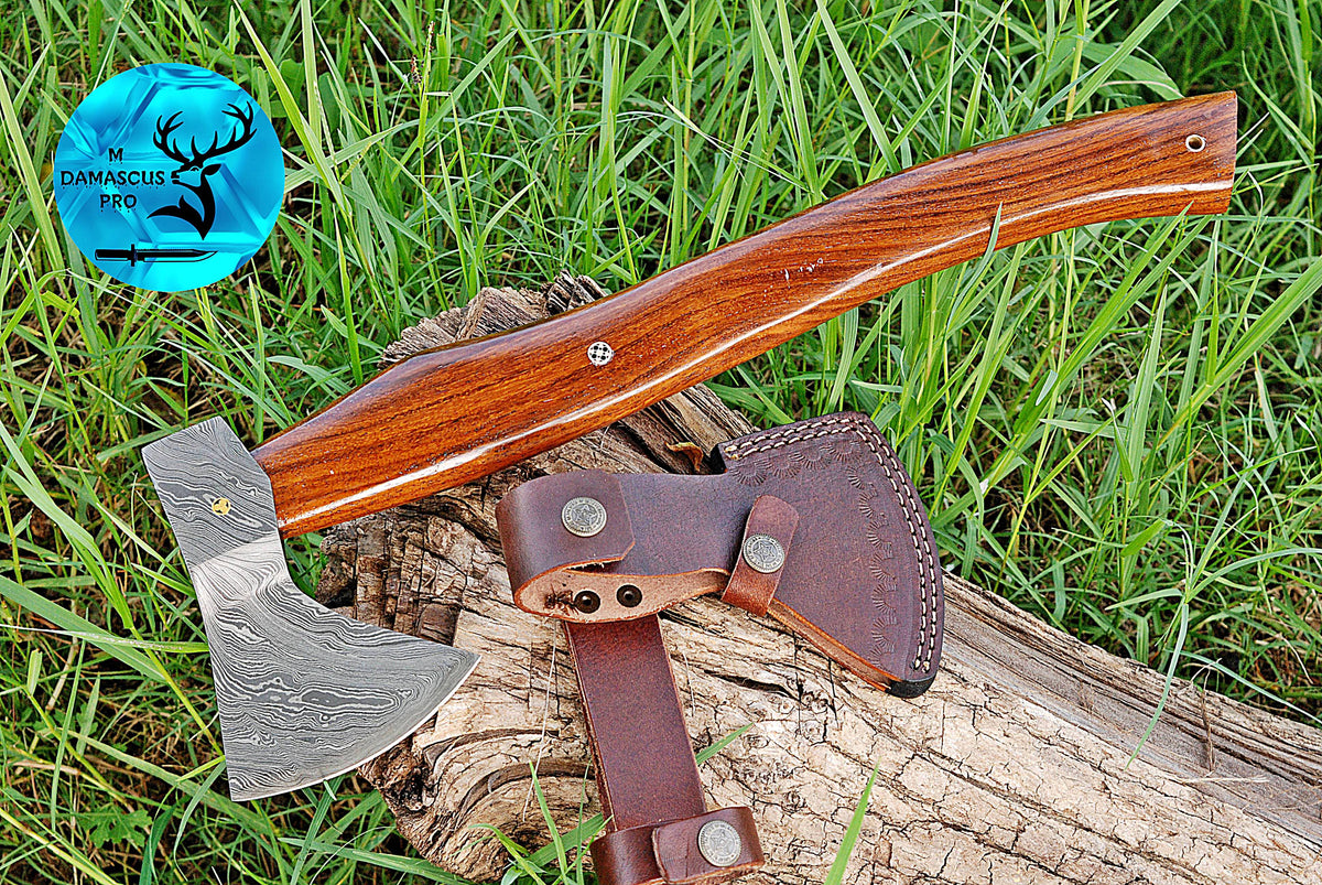 CUSTOM HANDMADE FORGED DAMASCUS STEEL AXE HATCHETS TOMAHAWK VIKING THROWING WOOD HANDLE WITH LEATHER SHEATH 1169