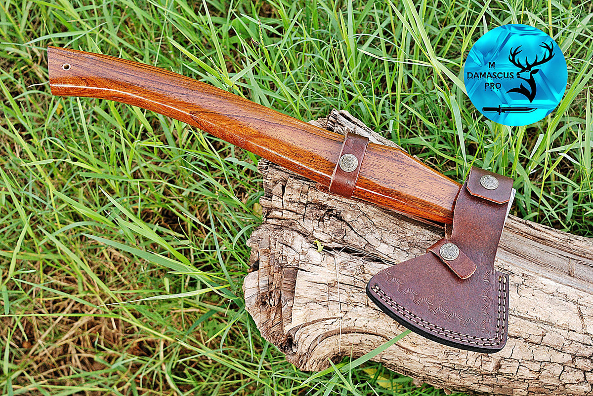 CUSTOM HANDMADE FORGED DAMASCUS STEEL AXE HATCHETS TOMAHAWK VIKING THROWING WOOD HANDLE WITH LEATHER SHEATH 1169