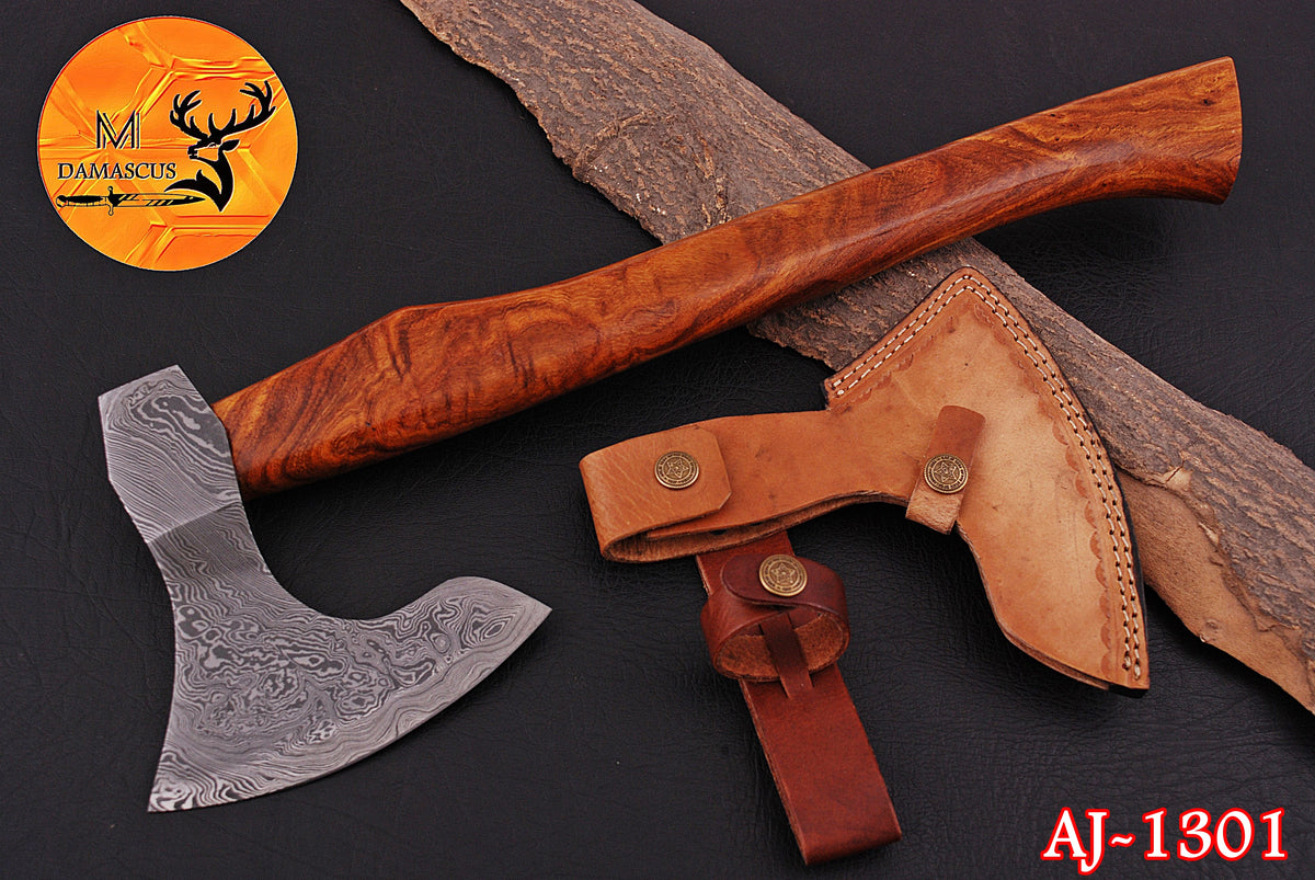 CUSTOM HANDMADE FORGED DAMASCUS STEEL AXE HATCHETS TOMAHAWK VIKING THROWING WOOD HANDLE WITH LEATHER SHEATH 1301