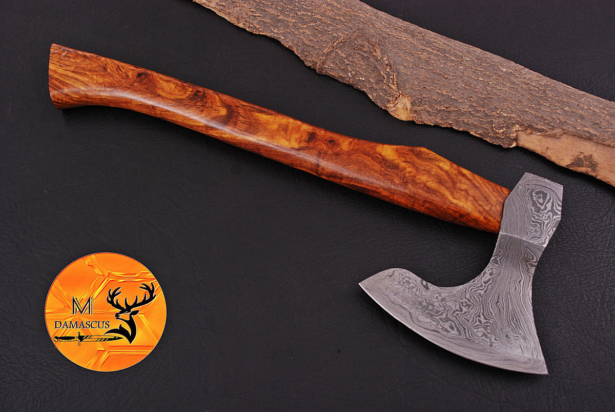 CUSTOM HANDMADE FORGED DAMASCUS STEEL AXE HATCHETS TOMAHAWK VIKING THROWING WOOD HANDLE WITH LEATHER SHEATH 1301