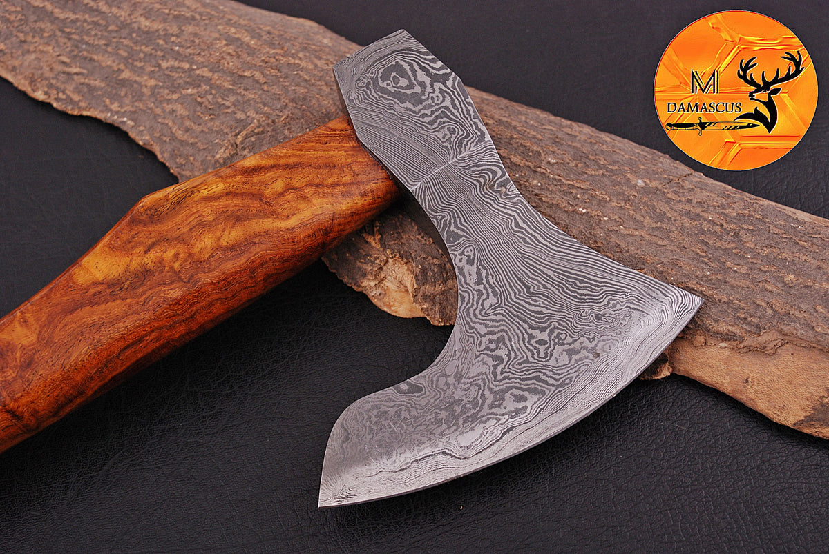 CUSTOM HANDMADE FORGED DAMASCUS STEEL AXE HATCHETS TOMAHAWK VIKING THROWING WOOD HANDLE WITH LEATHER SHEATH 1301