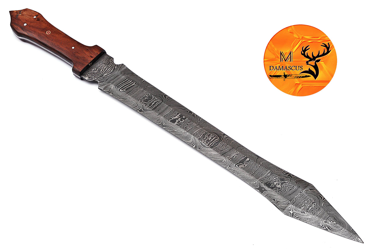CUSTOM MADE HAND FORGED DAMASCUS STEEL VIKING SWORD DAGGER DOUBLE EDGE WITH WOOD HANDLE 1652