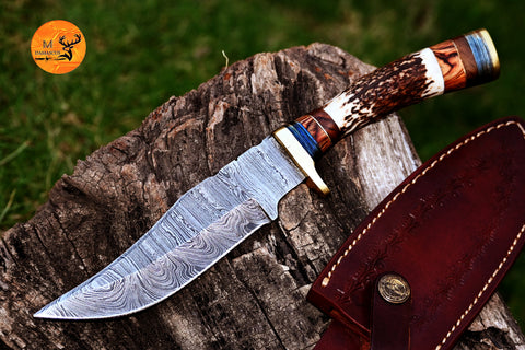 CUSTOM MADE HAND FORGED DAMASCUS 10" HUNTING/BOWIE KNIFE STAG/ANTLER HANDLE 2794