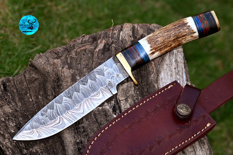 CUSTOM MADE HAND FORGED DAMASCUS 10" HUNTING/BOWIE KNIFE STAG/ANTLER HANDLE 2793