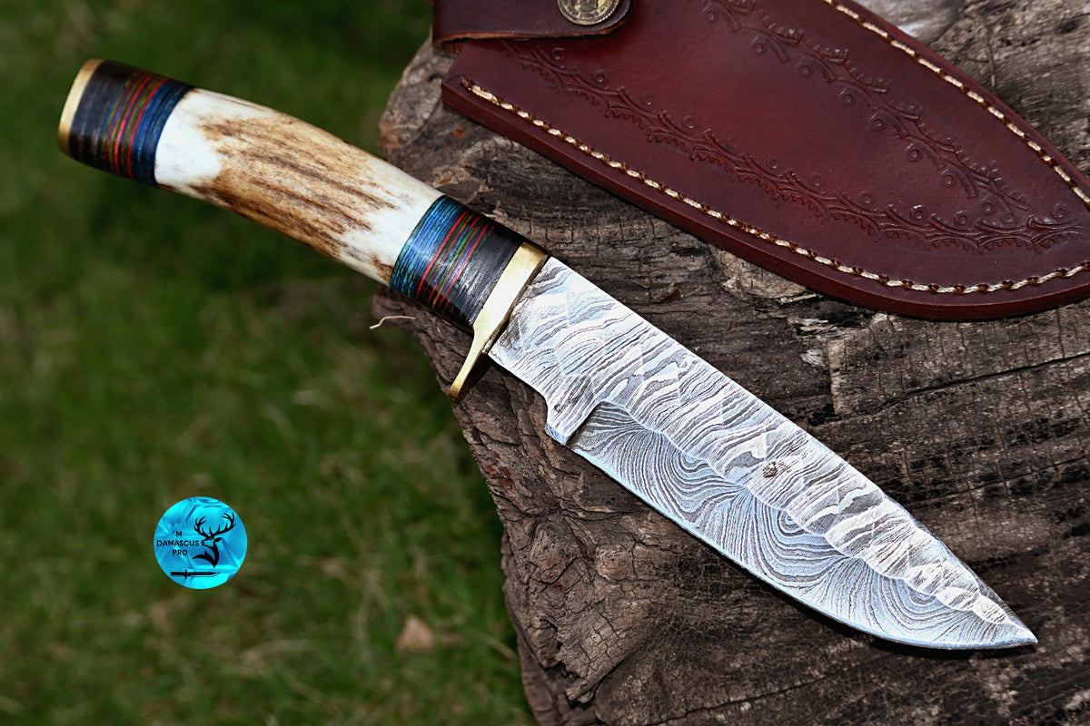 CUSTOM MADE HAND FORGED DAMASCUS 10" HUNTING/BOWIE KNIFE STAG/ANTLER HANDLE 2793