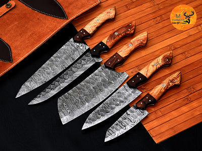 CUSTOM MADE CHEF KNIFE SET HAND FORGED DAMASCUS STEEL KITCHEN KNIVES SET WITH WOOD HANDLE 2803