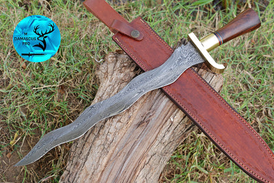 19" INCHES CUSTOM HANDMADE FORGED DAMASCUS STEEL VIKING SWORD WITH WOOD & BRASS GUARD HANDLE 1672