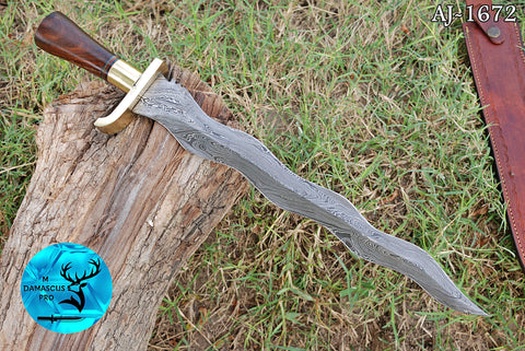 19" INCHES CUSTOM HANDMADE FORGED DAMASCUS STEEL VIKING SWORD WITH WOOD & BRASS GUARD HANDLE 1672