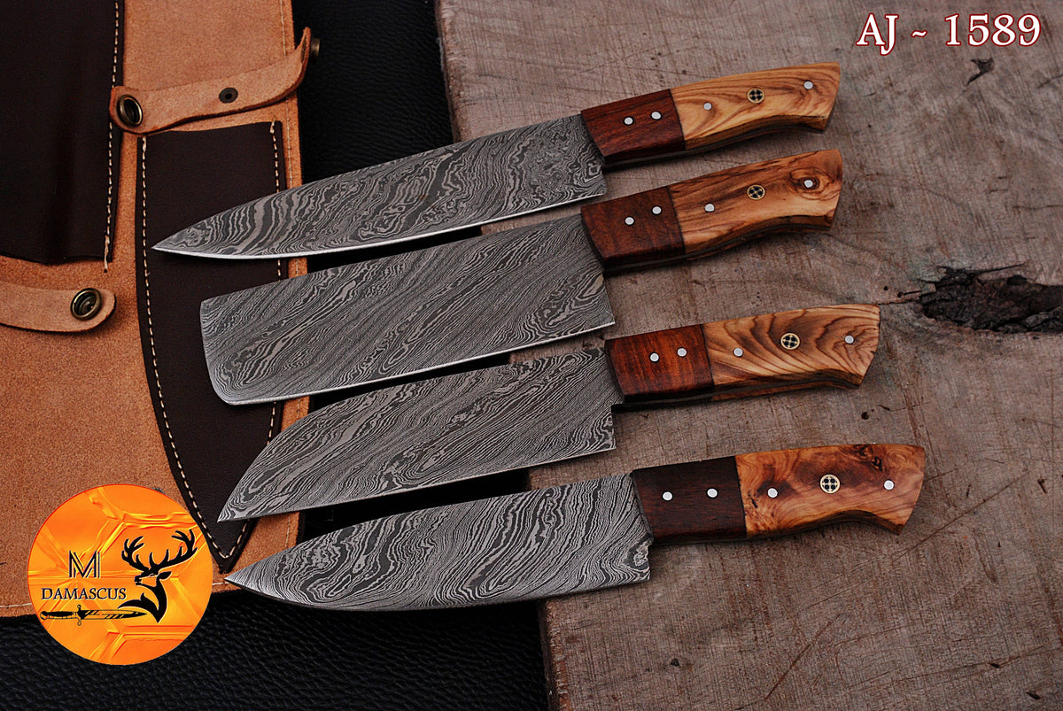CUSTOM MADE CHEF KNIFE SET HAND FORGED DAMASCUS STEEL KITCHEN KNIVES SET WITH WOOD HANDLE 1589