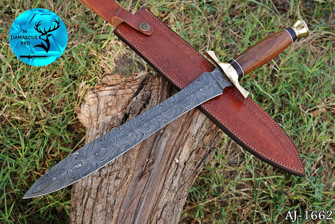 CUSTOM MADE HAND FORGED DAMASCUS STEEL VIKING SWORD DOUBLE EDGE DAGGER SWORD WITH WOOD HANDLE 1662