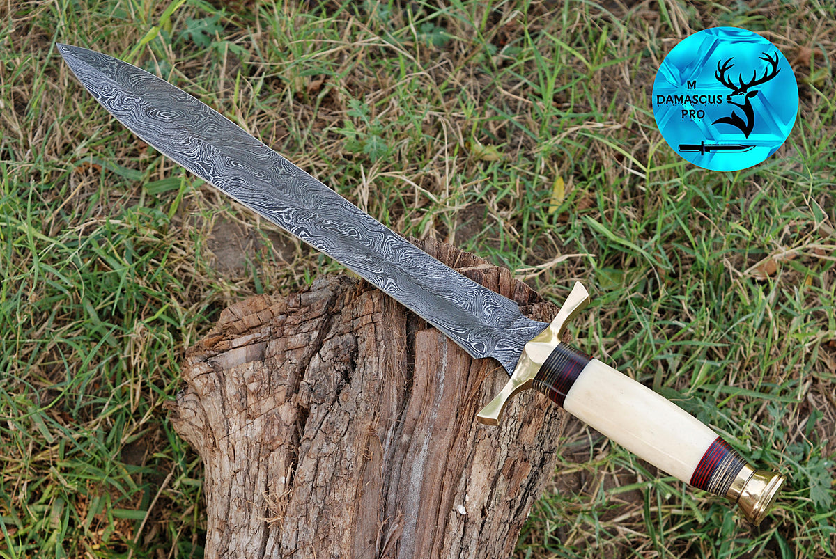 CUSTOM MADE HAND FORGED DAMASCUS STEEL VIKING SWORD DOUBLE EDGE DAGGER SWORD WITH CAMEL BONE HANDLE 1660