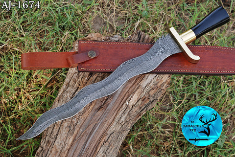 19" INCHES CUSTOM HANDMADE FORGED DAMASCUS STEEL VIKING SWORD WITH WOOD & BRASS GUARD HANDLE 1674
