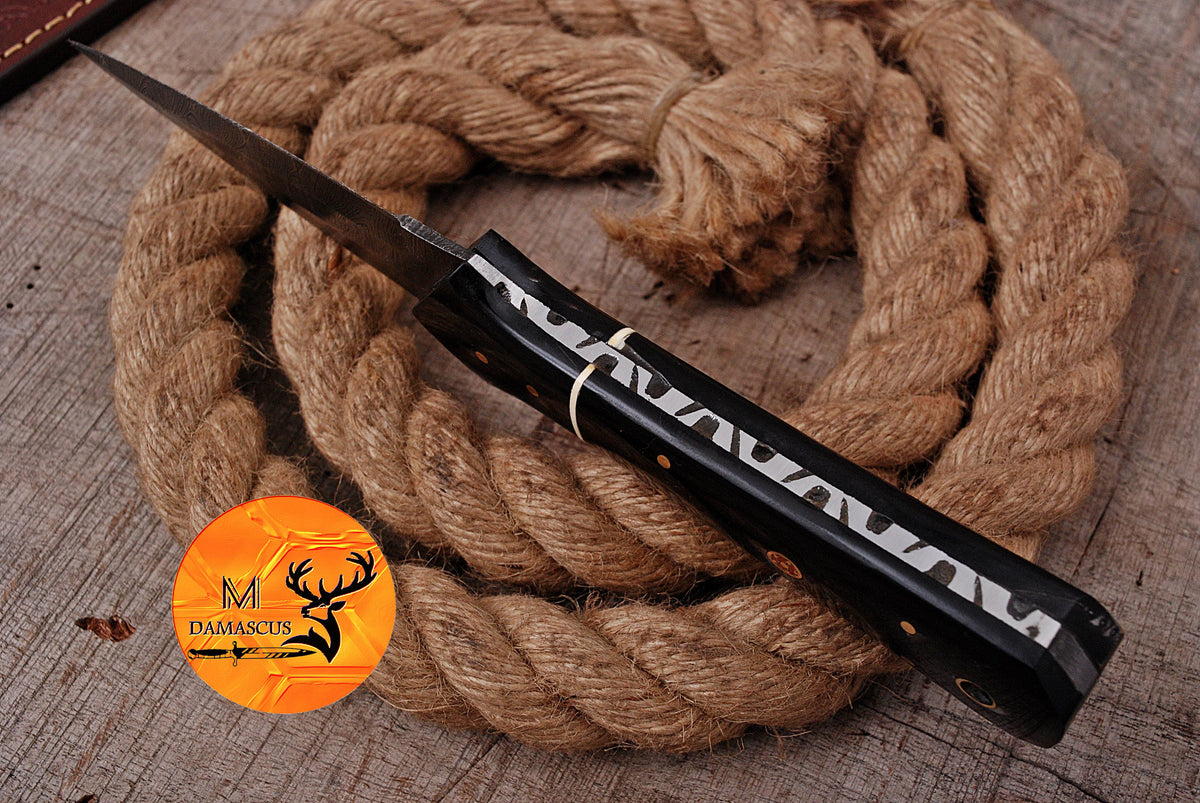 CUSTOM HANDMADE FORGED DAMASCUS STEEL BOOT KNIFE THROWING HUNTING KNIFE EDC BULL HORN HANDLE 953