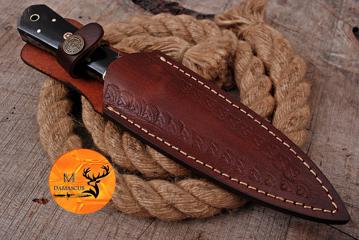 CUSTOM HANDMADE FORGED DAMASCUS STEEL BOOT KNIFE THROWING HUNTING KNIFE EDC BULL HORN HANDLE 953