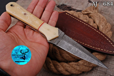 CUSTOM HANDMADE FORGED DAMASCUS STEEL BOOT KNIFE THROWING HUNTING KNIFE EDC CAMEL BONE HANDLE 684