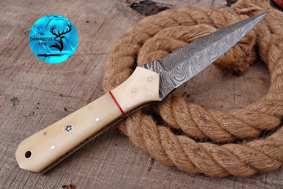 CUSTOM HANDMADE FORGED DAMASCUS STEEL BOOT KNIFE THROWING HUNTING KNIFE EDC CAMEL BONE HANDLE 684