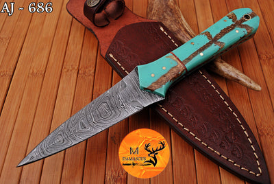 CUSTOM HANDMADE FORGED DAMASCUS STEEL BOOT KNIFE THROWING DAGGER HUNTING KNIFE EDC 686