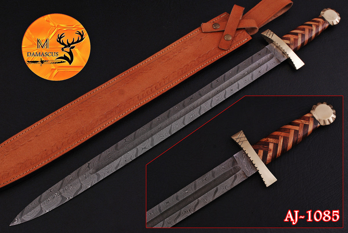 31" INCHES CUSTOM HANDMADE FORGED DAMASCUS STEEL VIKING SWORD WITH WOOD & BRASS GUARD HANDLE 1085