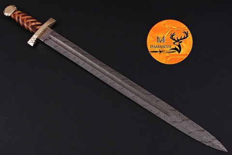 31" INCHES CUSTOM HANDMADE FORGED DAMASCUS STEEL VIKING SWORD WITH WOOD & BRASS GUARD HANDLE 1085