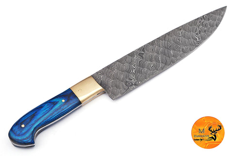 Chef Knife Custom Made Hand Forged Damascus Steel Kitchen Knife With Wood and Brass Bolster Handle