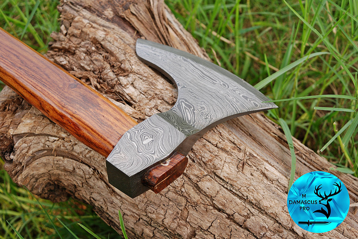 CUSTOM HANDMADE FORGED DAMASCUS STEEL AXE HATCHETS TOMAHAWK VIKING THROWING WOOD HANDLE WITH LEATHER SHEATH 1300