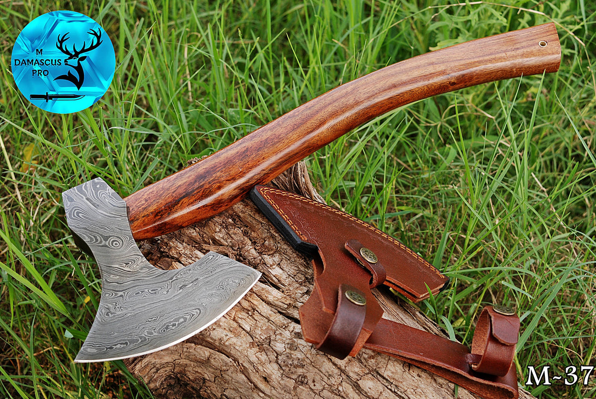 CUSTOM HANDMADE FORGED DAMASCUS STEEL AXE HATCHETS TOMAHAWK VIKING THROWING WOOD HANDLE WITH LEATHER SHEATH M37