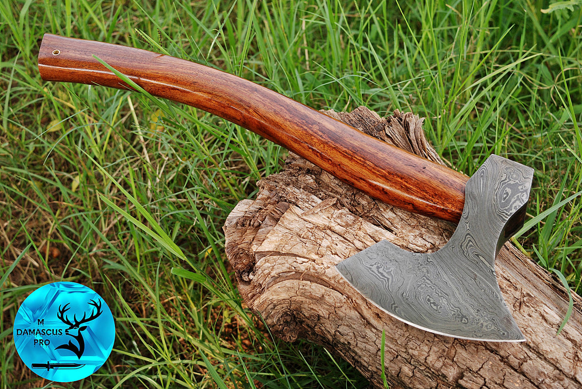CUSTOM HANDMADE FORGED DAMASCUS STEEL AXE HATCHETS TOMAHAWK VIKING THROWING WOOD HANDLE WITH LEATHER SHEATH M37