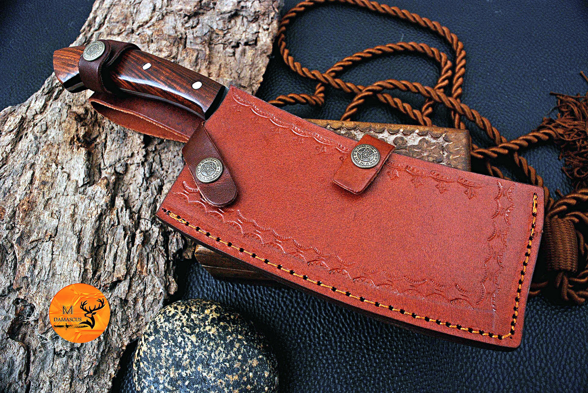 CUSTOM HANDMADE HAND FORGED CARBON STEEL CLEAVER MEAT CHOPPER BUTCHER KNIFE WOOD HANDLE WITH LEATHER SHEATH