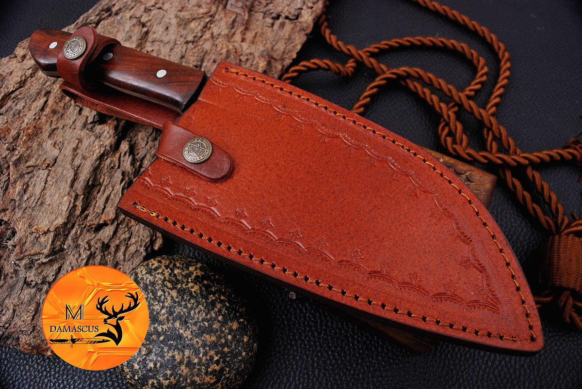 CUSTOM HANDMADE HAND FORGED CARBON STEEL CLEAVER MEAT CHOPPER BUTCHER KNIFE WOOD HANDLE WITH LEATHER SHEATH