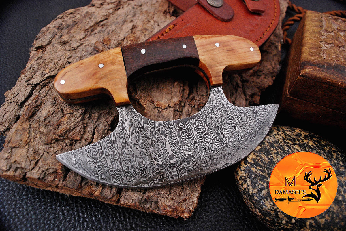 Ulu Knife Custom Made Hand Forged Damascus Steel Chef Kitchen Knife Pizza Cutter With Wood Handle