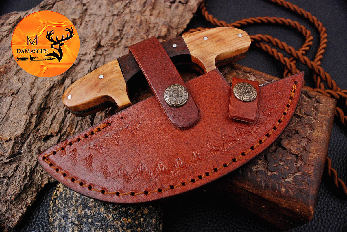 Ulu Knife Custom Made Hand Forged Damascus Steel Chef Kitchen Knife Pizza Cutter With Wood Handle