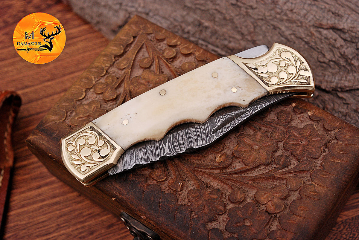 CUSTOM MADE POCKET KNIFE / HAND FORGED DAMASCUS STEEL FOLDING BLADE KNIFE CAMEL BONE HANDLE