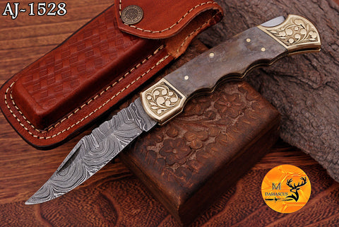 CUSTOM MADE POCKET KNIFE / HAND FORGED DAMASCUS STEEL FOLDING BLADE KNIFE CAMEL BONE HANDLE
