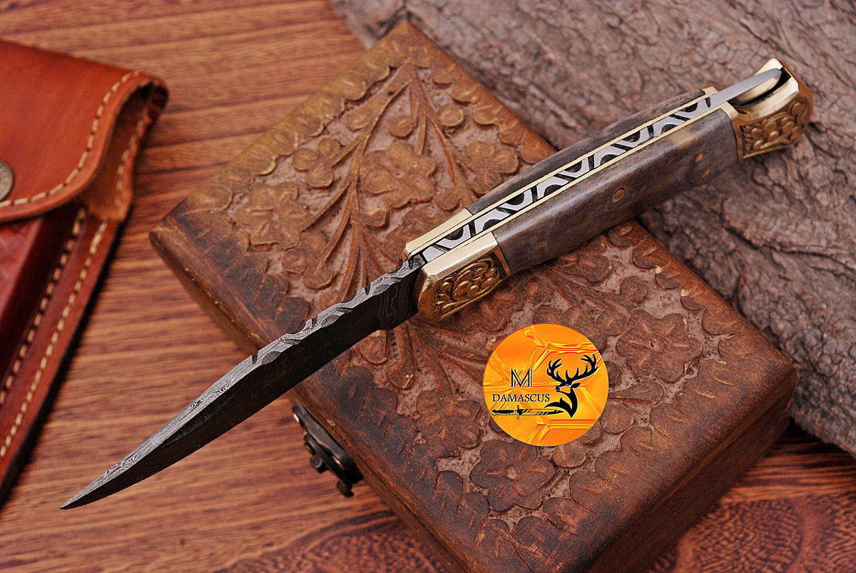 CUSTOM MADE POCKET KNIFE / HAND FORGED DAMASCUS STEEL FOLDING BLADE KNIFE CAMEL BONE HANDLE