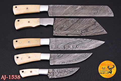 CUSTOM MADE CHEF KNIFE SET HAND FORGED DAMASCUS STEEL KITCHEN KNIVES SET WITH CAMEL BONE HANDLE 1538