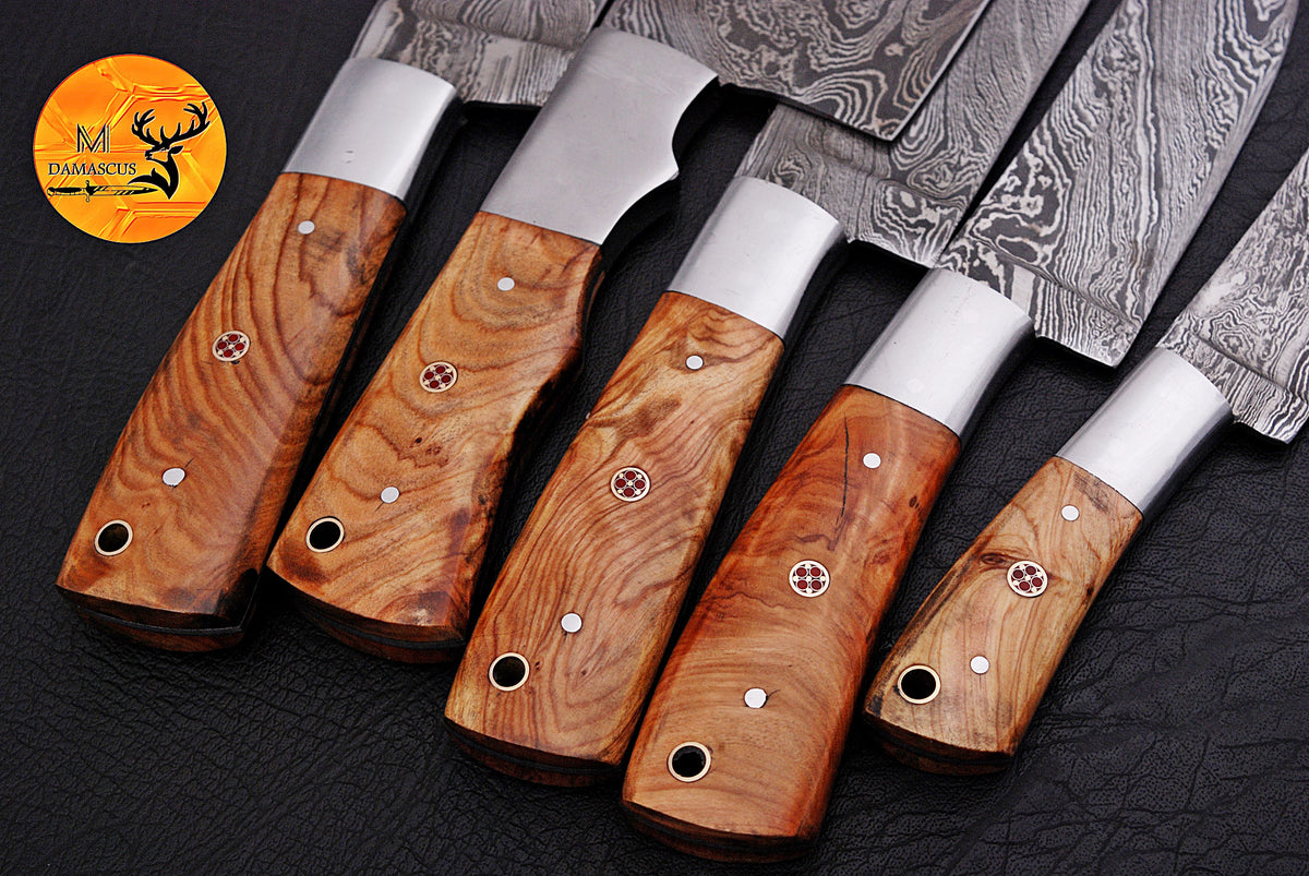 CUSTOM MADE CHEF KNIFE SET HAND FORGED DAMASCUS STEEL KITCHEN KNIVES SET WITH WOOD HANDLE 1539