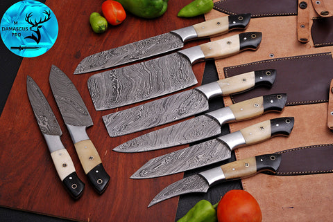 CUSTOM MADE CHEF KNIFE SET HAND FORGED DAMASCUS STEEL KITCHEN KNIVES SET WITH CAMEL BONE HANDLE 1556