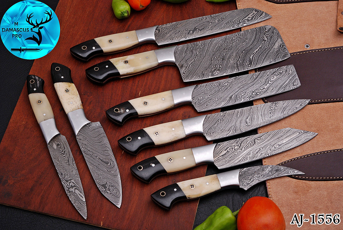 CUSTOM MADE CHEF KNIFE SET HAND FORGED DAMASCUS STEEL KITCHEN KNIVES SET WITH CAMEL BONE HANDLE 1556