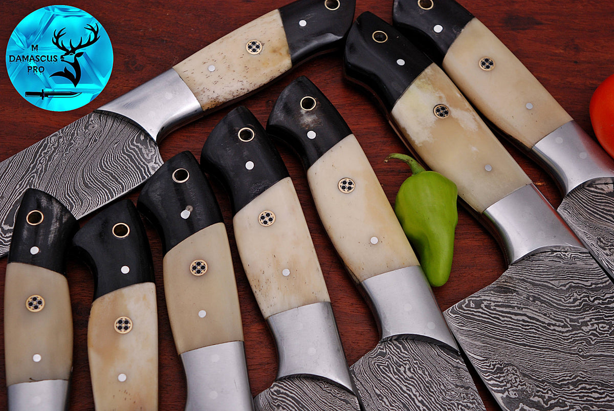 CUSTOM MADE CHEF KNIFE SET HAND FORGED DAMASCUS STEEL KITCHEN KNIVES SET WITH CAMEL BONE HANDLE 1556