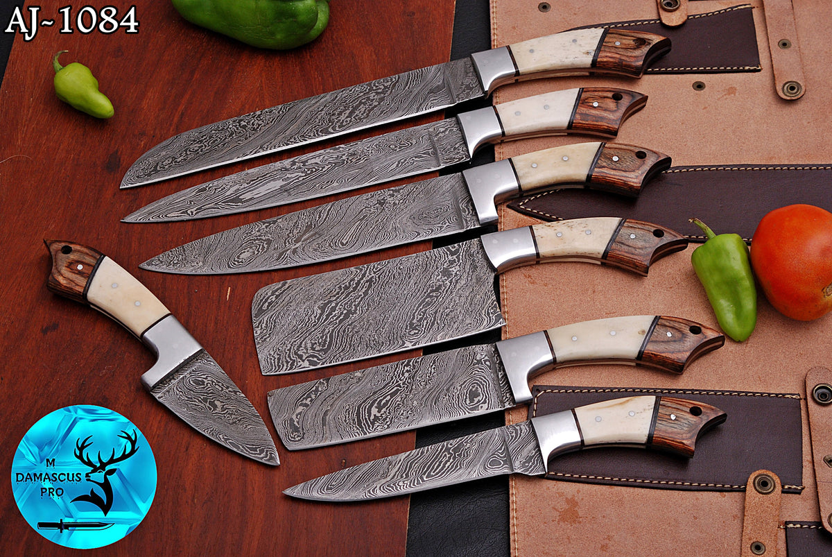 CUSTOM MADE CHEF KNIFE SET HAND FORGED DAMASCUS STEEL KITCHEN KNIVES SET WITH CAMEL BONE HANDLE 1084