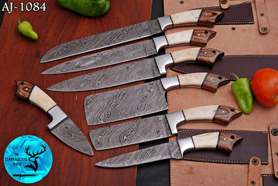 CUSTOM MADE CHEF KNIFE SET HAND FORGED DAMASCUS STEEL KITCHEN KNIVES SET WITH CAMEL BONE HANDLE 1084