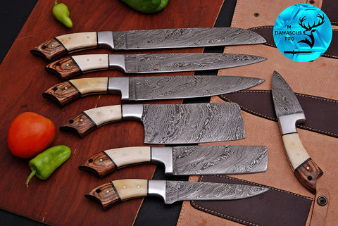 CUSTOM MADE CHEF KNIFE SET HAND FORGED DAMASCUS STEEL KITCHEN KNIVES SET WITH CAMEL BONE HANDLE 1084