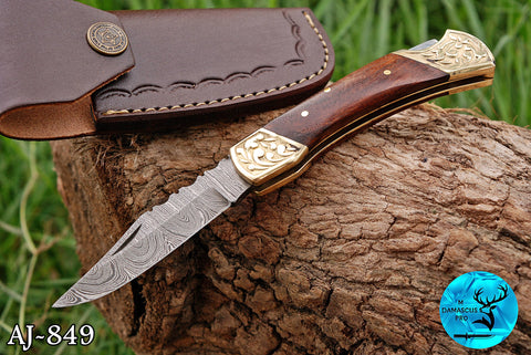 CUSTOM MADE POCKET KNIFE / HAND FORGED DAMASCUS STEEL FOLDING BLADE KNIFE / WOOD HANDLE